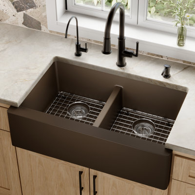 Karran Quartz 34'' X 21-1/4'' 50/50 Double Bowl Farmhouse/Apron Front Kitchen Sink Kit