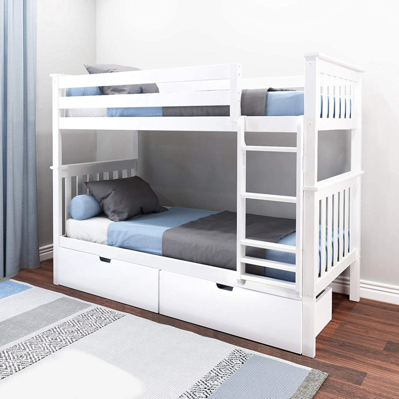 Lit superposé standard en bois massif à 2 tiroirs Streamline par Harriet Bee, Double sur double, Blanc