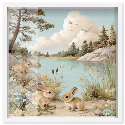 «Lakeside Bunny Haven Shadowbox», impression murale par Art Remedy, cadre blanc, 21 x 21