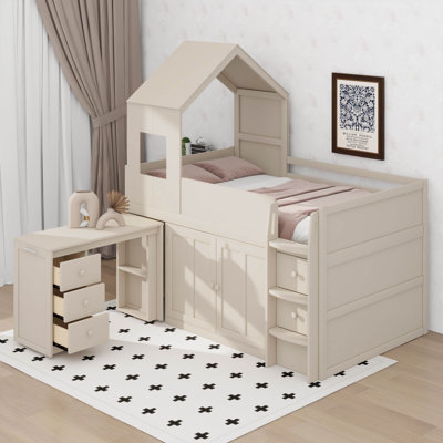 Lit mezzanine simple pour lit simple avec bureau coulissant et armoire de rangement, cadre de lit mezzanine en bois à fonctions multiples avec tablettes et tiroirs de rangement