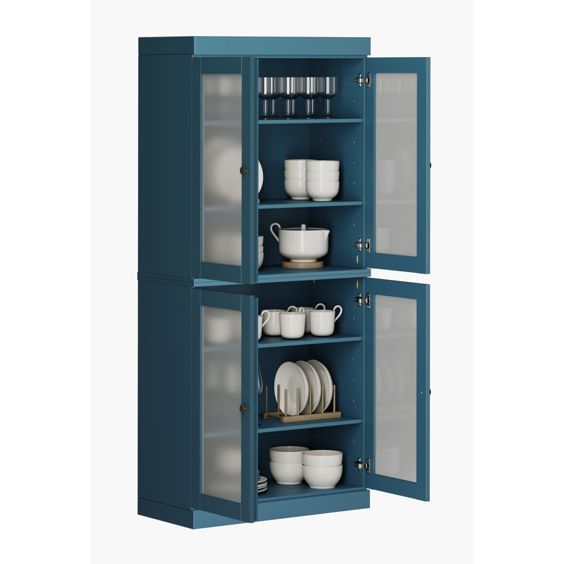 Garde-manger 100% bois massif 32 po avec portes en verre givré et tablettes réglables, Bleu sarcelle