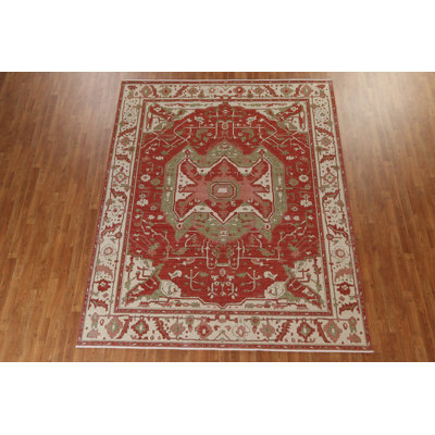Tapis rouge en laine noué à la main de conception unique 8 pi 0 po x 9 pi 9 po New Age