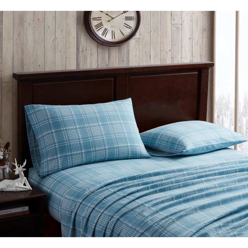 Ensemble de draps en flanelle Reo, Tissu écossais blanc / bleu sarcelle, Ensemble de draps pour très grand lit + un drap-h