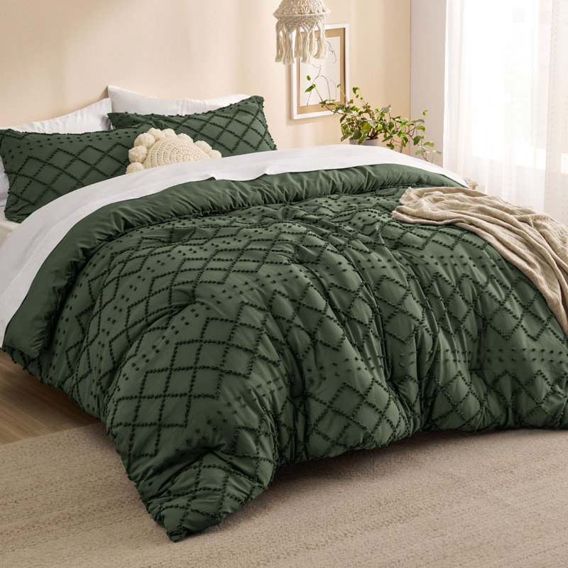 Ensemble d'édredon touffeté toutes saisons (ensemble de 3), Édredon pour très grand lit + 2 taies décorativ, Vert olive