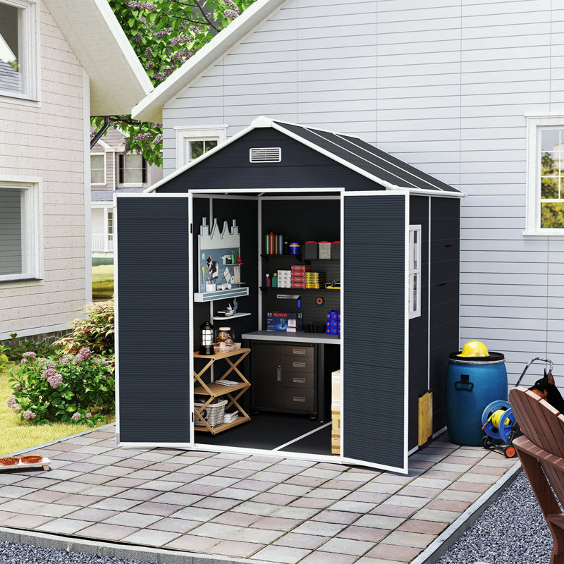 Outdoor Storage Shed with 2 doors, window and vent, 86.6" H x 66.92" W x 66.92" D, Dark Gray