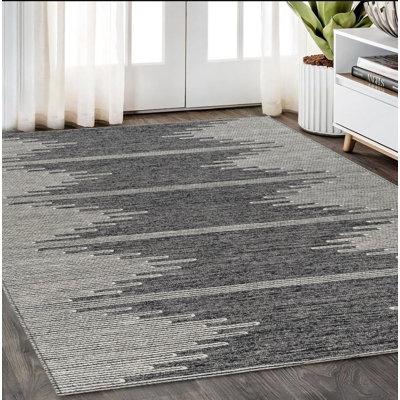 Tapis extérieur lavable abstrait gris anthracite et ivoire 5 pi x 8 pi