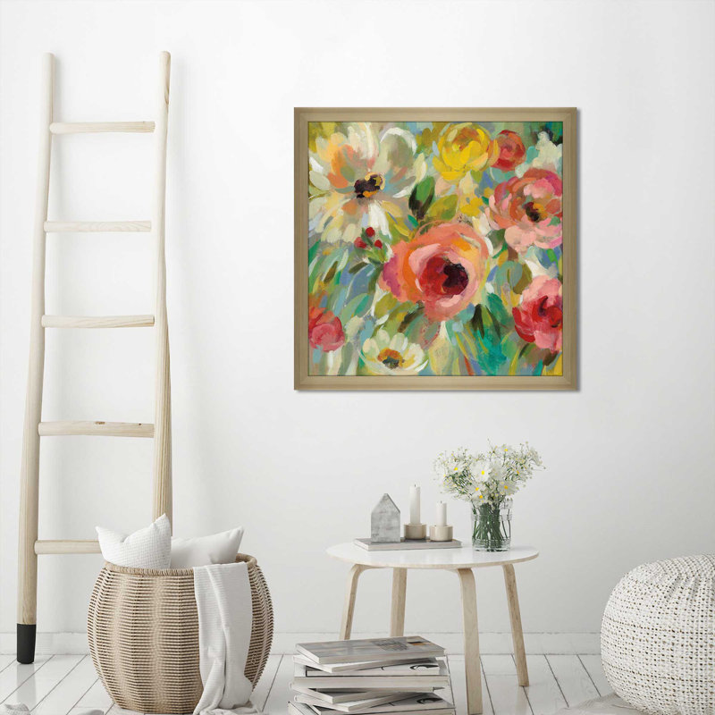 Vivid Coral Floral I I - Painting, Champagne Framed, 31.5" H x 31.5" W x 1" D