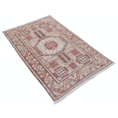 Tapis décoratif ivoire en laine noué à la main 3 x 5 pi avec motif médaillon turc