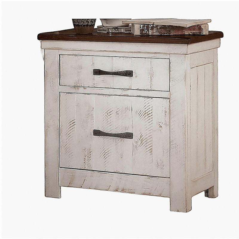 Plank Design Transitional style Distressed White 1pc Nightstand Brass Arch Pull 2-Drawers Bedside Table Solid wood Bedroom