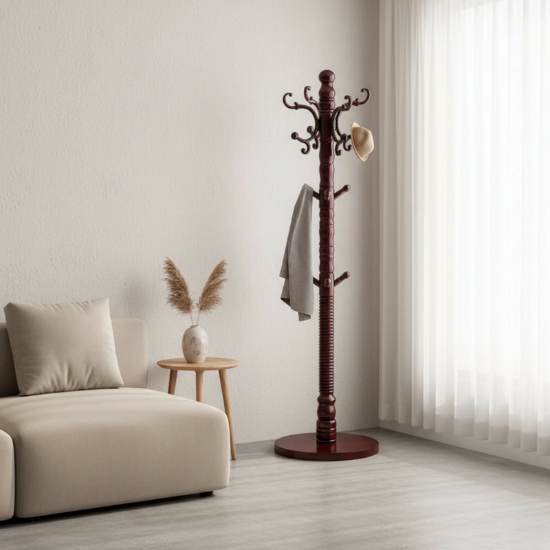 Natural Birch Wood Freestanding Coat Rack, Retro Style, Sturdy Round Base, Cleverly Designed With 14 Hooks, Easy To Assemble And Suitable For Entryways.