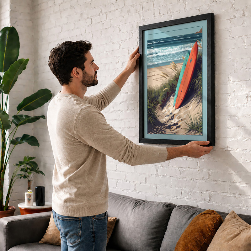 Surfboard at Dusk Coastal - Framed Print, A4 - 29.7 x 21.0 cm, Walnut