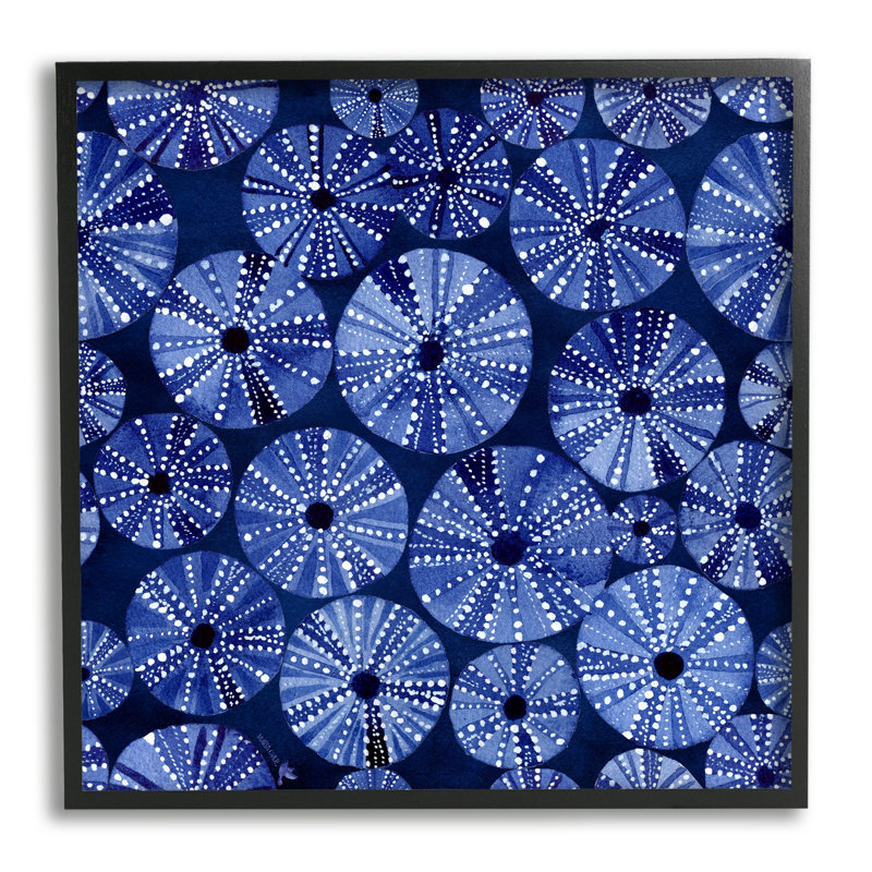 Motif abstrait d'oursin bleu encadré sur bois par Maria, impression, H 17 po x l 17 po x P 1,5 po