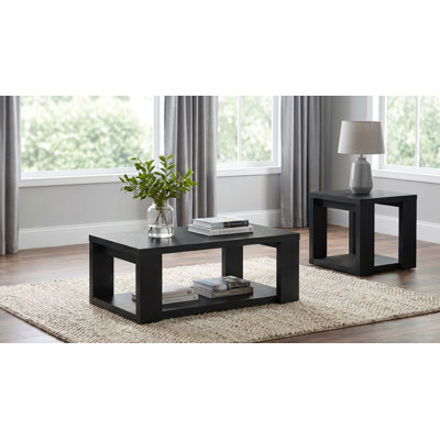 Harown 2-Piece Transitional Coffee And End Table Set With Shelves Black
