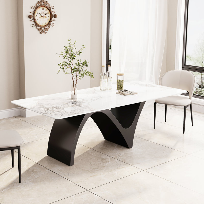 Table de salle à manger rectangulaire moderne, table de cuisine blanc brillant avec plateau en pierre frittée, pieds en acier en forme de N