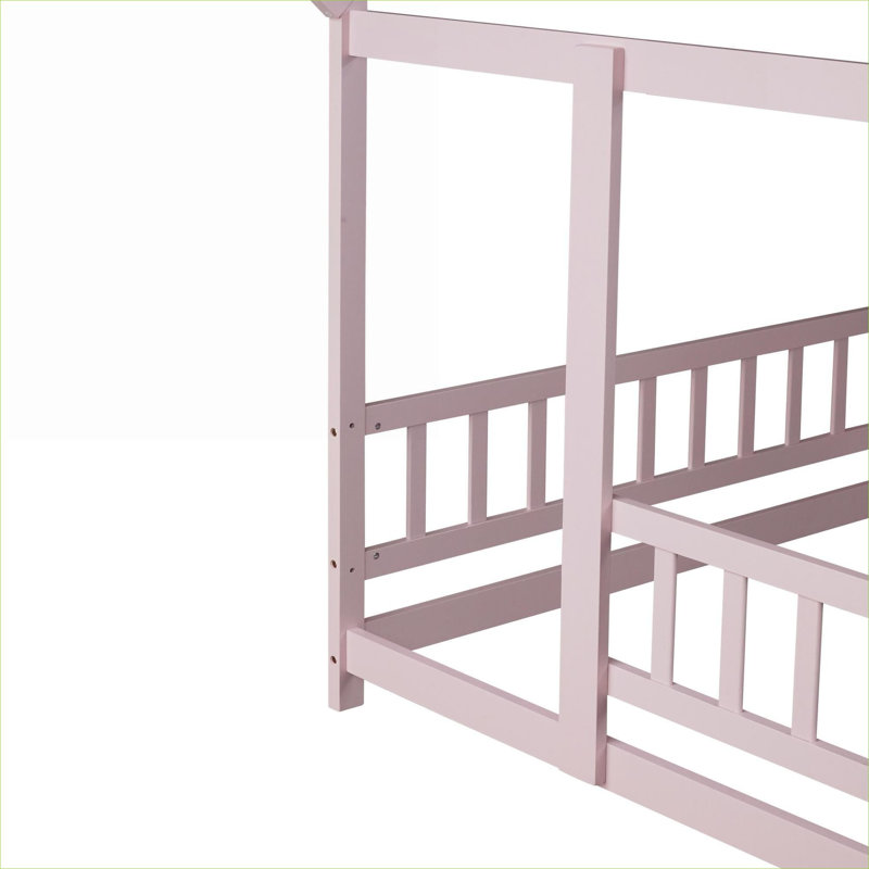 Warm pink solid rubber wood full size platform bed for kids bedroom, offering private play and sleep space with charming house frame style