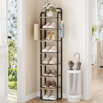 8-Tier Narrow Vertical Shoe Tower with 2 Hooks & Adjustable Shelves, Space-Saving Tall Shoe Shelf for Corners, Entryways and Living Rooms