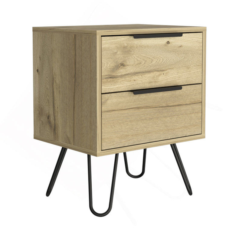 Nuvo Nightstand,Two Drawers, Hairpin Legs, Light Oak