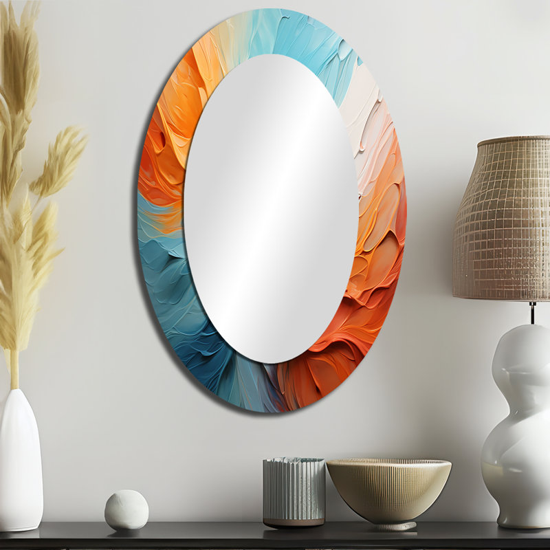 Teal Orange Bold Abstract Flow Collage I - Grand miroir mural ovale sur métal, 36 po x 24 po