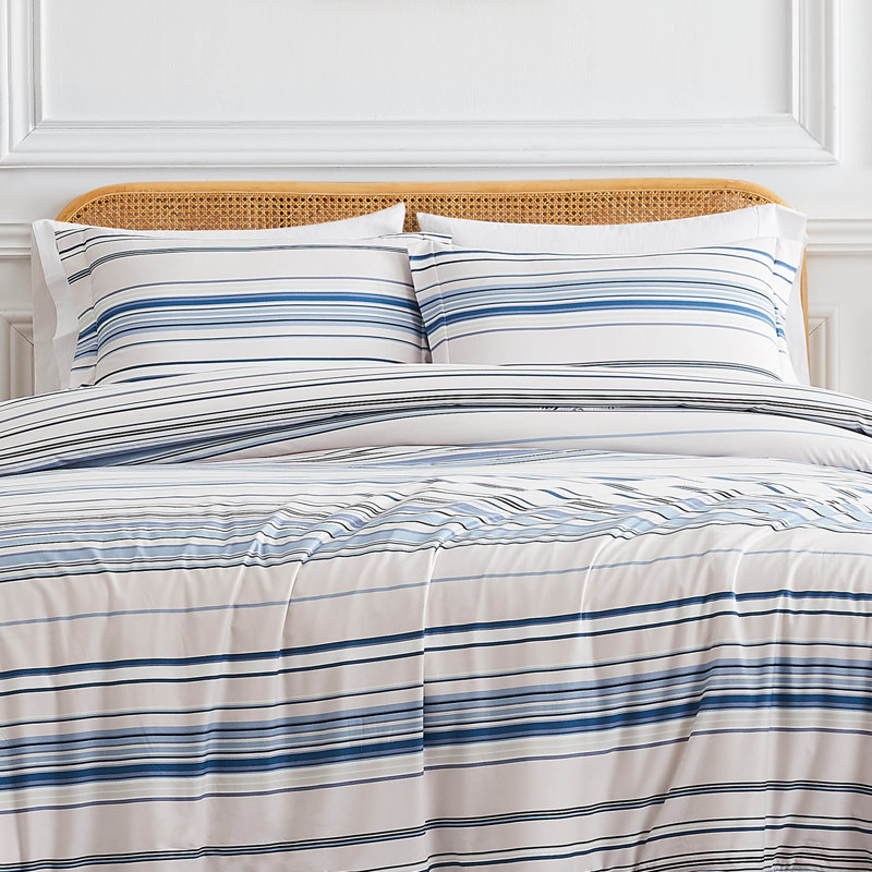 California King Coastal Blue Striped Microfiber Duvet Cover Set