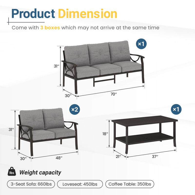 Ensemble de conversation pour patio pour 7 personnes avec coussins, Cadre café / coussin gris 