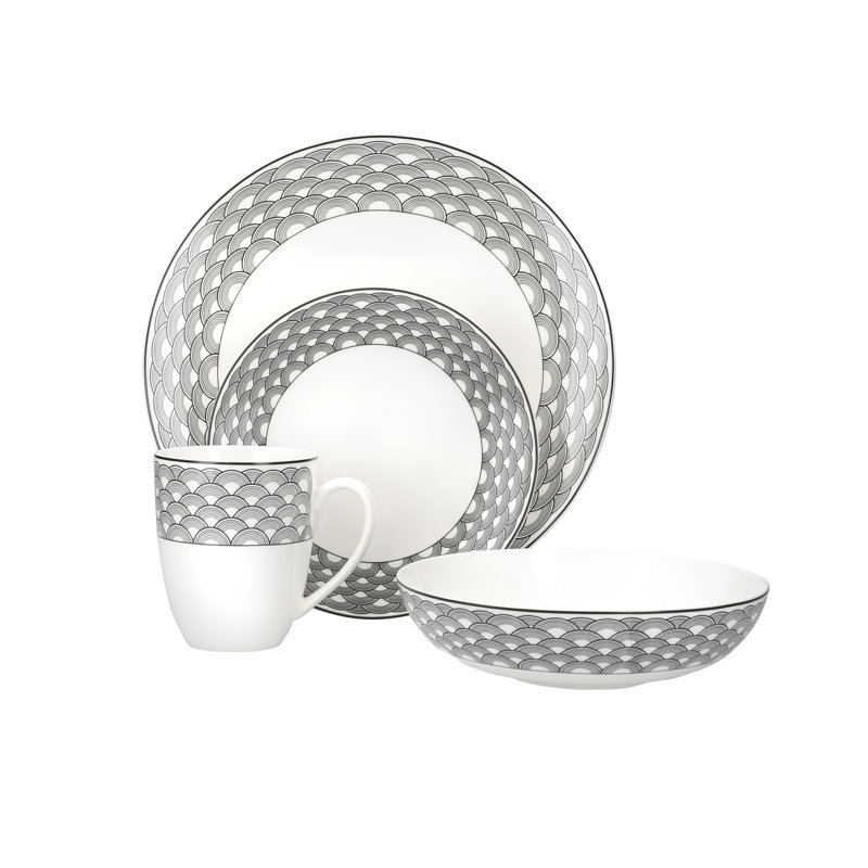 Harlequin Coupe 16 Piece Black Edged Dinnerware Set, Service for 4, Black