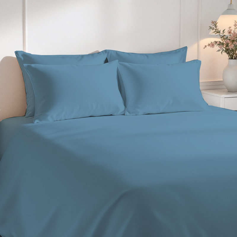 Ensemble de draps luxueux en microfibre de qualité supérieure, Bleu denim, Ensemble de draps pour grand lit avec 4 taies d'or