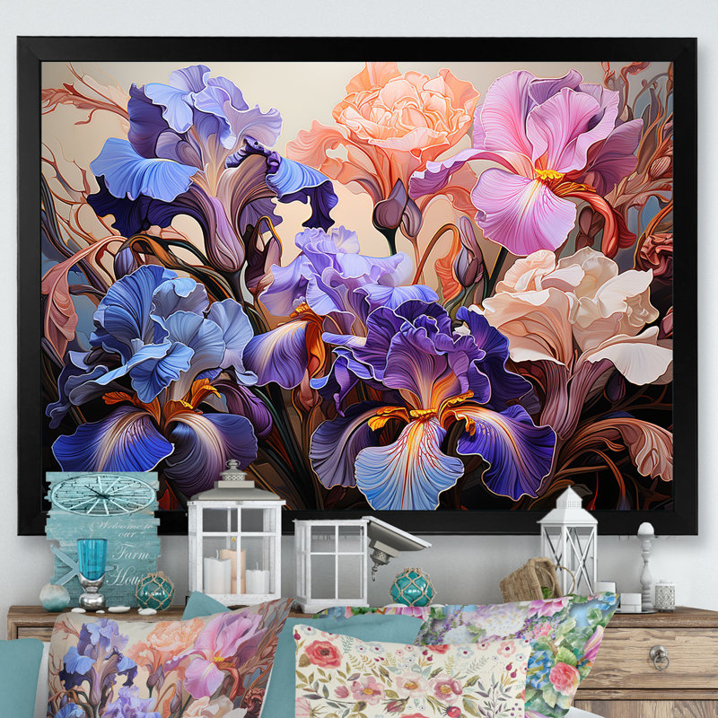 Mauve et rose, féroces iris, expression sauvage de fleurs sur toile, Cadre simple noir, H 12 po x l 20 po x P 1 po