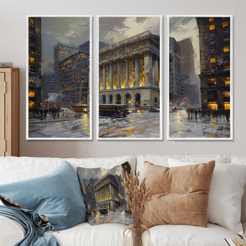 Ensemble de salon Beige Banks Architectural In New York Winter - Banks Wall Art, Cadre flottant blanc