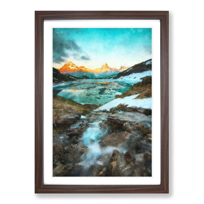 Mountain View in Switzerland - Picture Frame Painting Print, 45cm H x 33cm W x 2cm D, Walnut Framed
