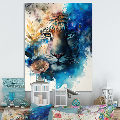Portrait de tigre avec fleurs II - tigre, reproduction sur toile encadrée