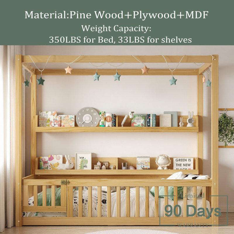 Lit à baldaquin avec garde-corps, lit en bois massif avec tablettes, cadre de lit Montessori pour enfants, garçons, filles, sans sommier