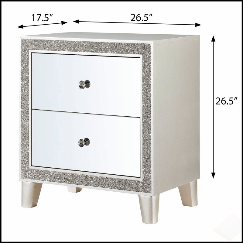 Table de chevet 2 tiroirs Champagne avec finition miroir, parfaite pour ajouter luxe et élégance à votre chambre à coucher