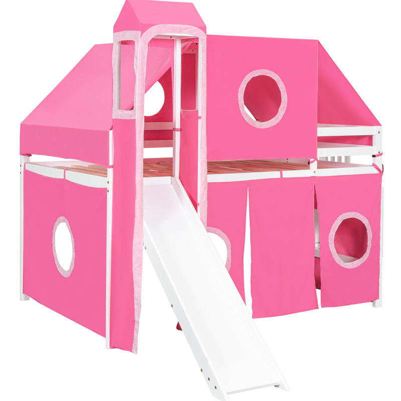 Lit mezzanine double rose avec tente et tour. Composé de bois de pin massif pour plus de stabilité. Fenêtre de conception inspirée d'une maisonnette. Espace de rangement spacieux et spacieux. Matelas: L 94,6 po x l 99,5 po x H 78,9 po