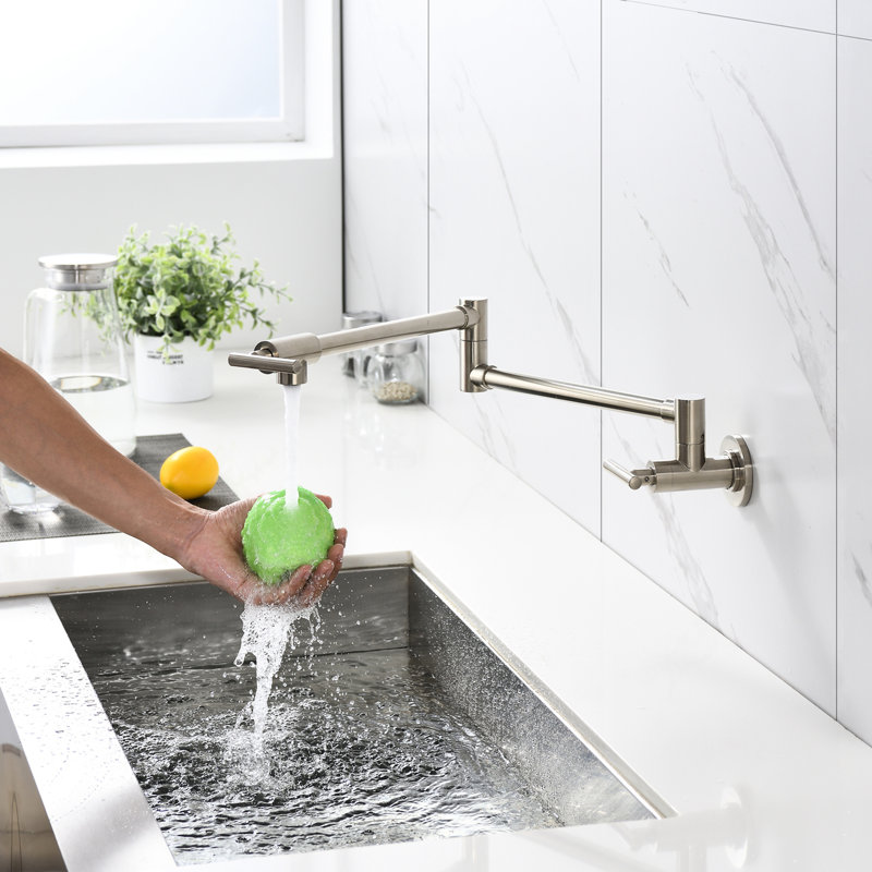 Wall Mounted Folding Kitchen Pot Filler Faucet In Brushed Nickel - Double Handles For Efficient Water Release, To Corrosion And Fingerprints, Stable Flow With Aerator Mount Fill Pots Easily On Arm,