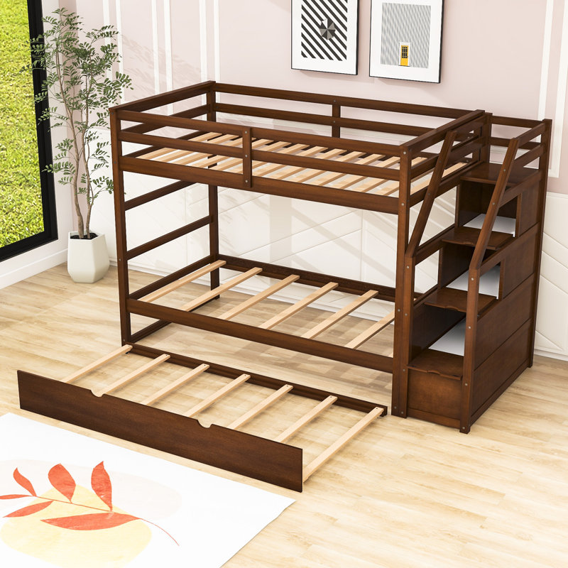 Twin-Over-Twin Bunk Bed With Twin Trundle And Storage Stairs, Walnut
