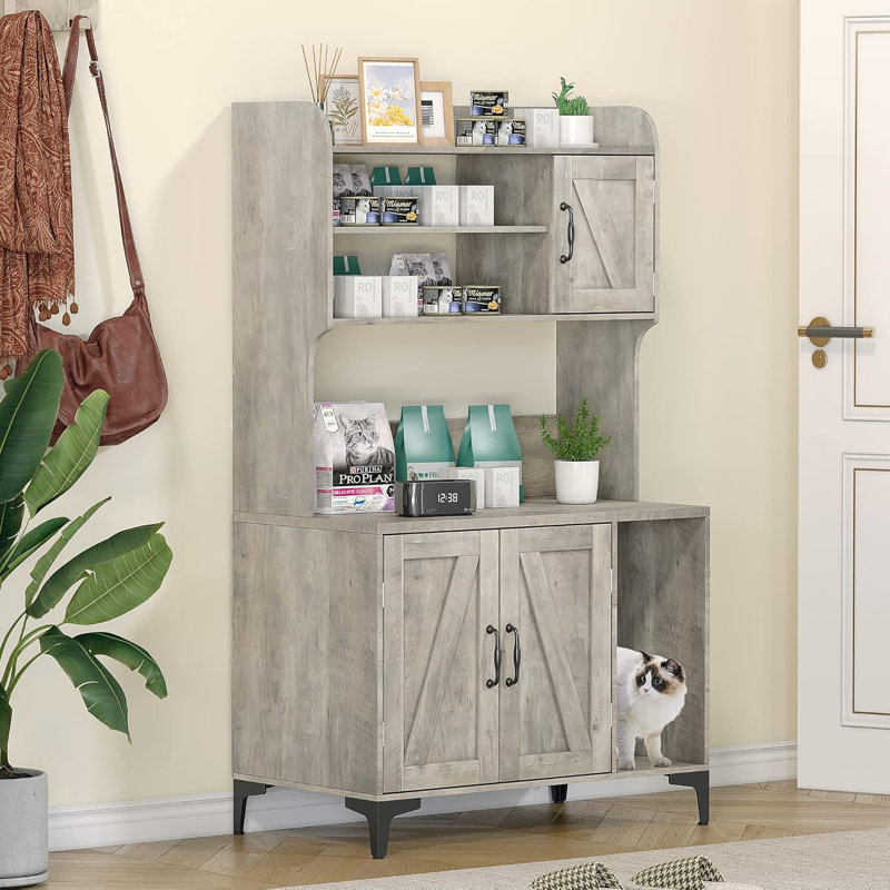 Grey Wood Freestanding Cat Litter Box Enclosure with Shelves