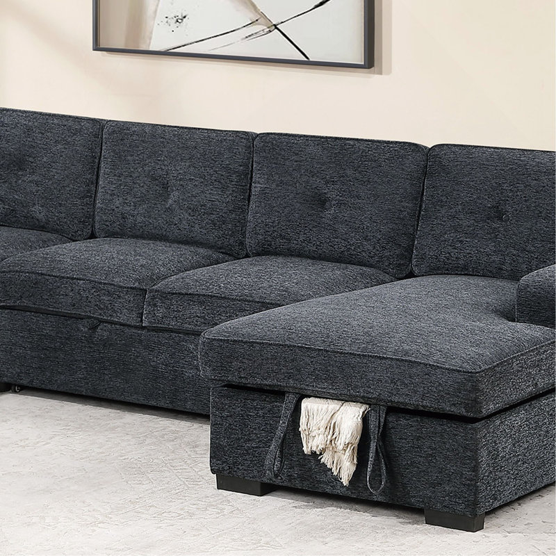 Ensemble de canapé d'angle capitonné 4 pièces en chenille avec lit gigogne, méridienne de rangement, console et porte-gobelet pour salon