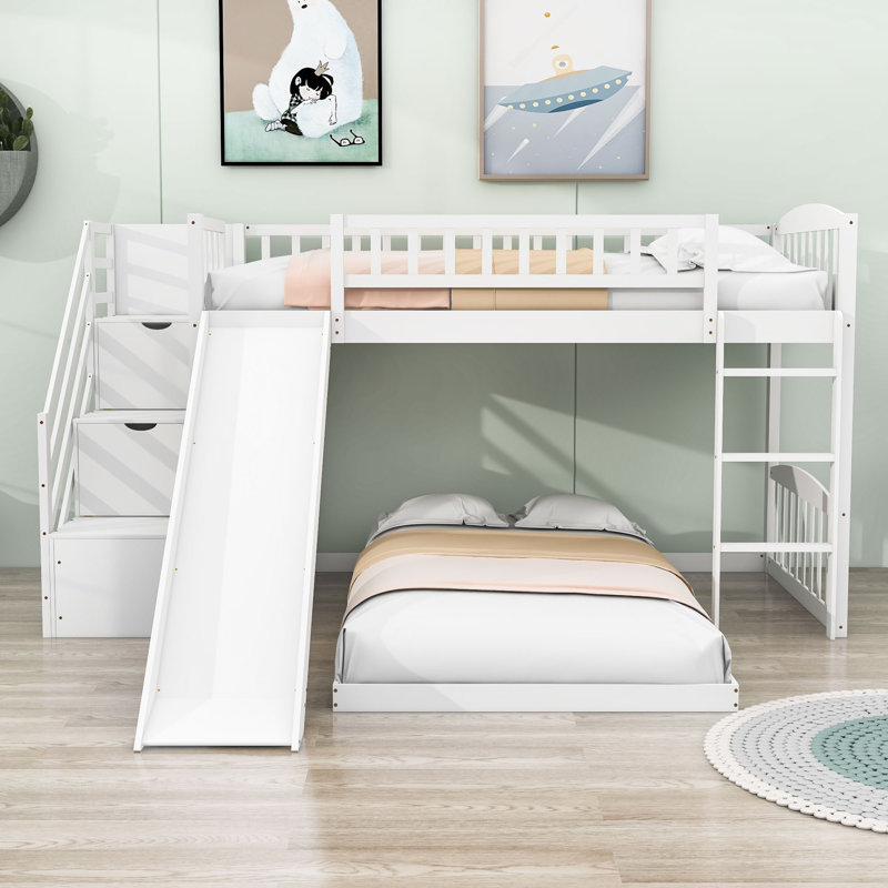 Lit superposé simple en L en bois avec glissière et escalier de rangement Eutimia, Blanc