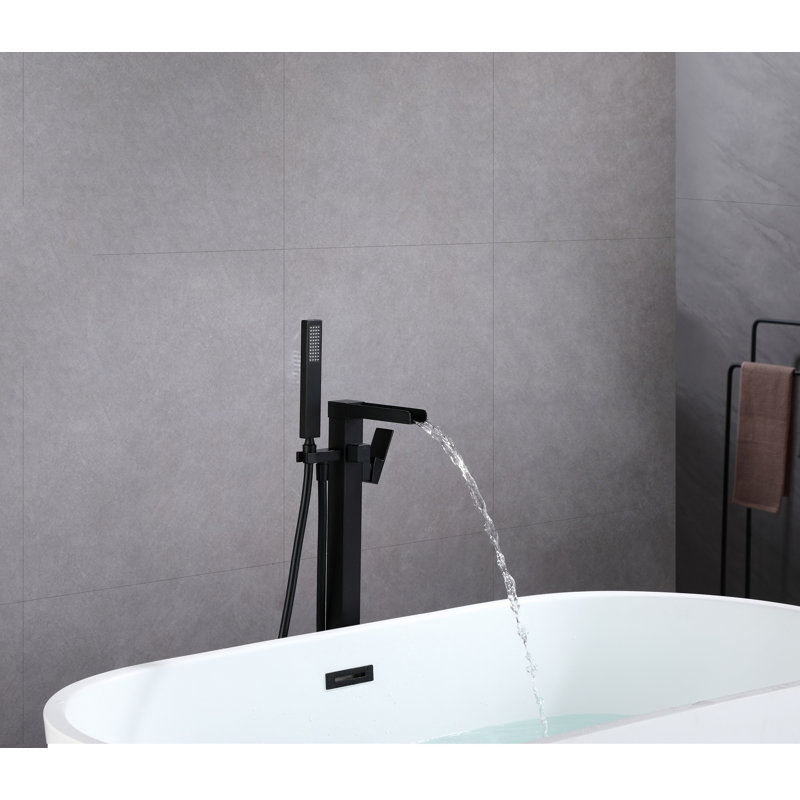 Robinet de robinet de baignoire à fixation au sol à poignée simple avec douche à main en noir mat, Noir mat
