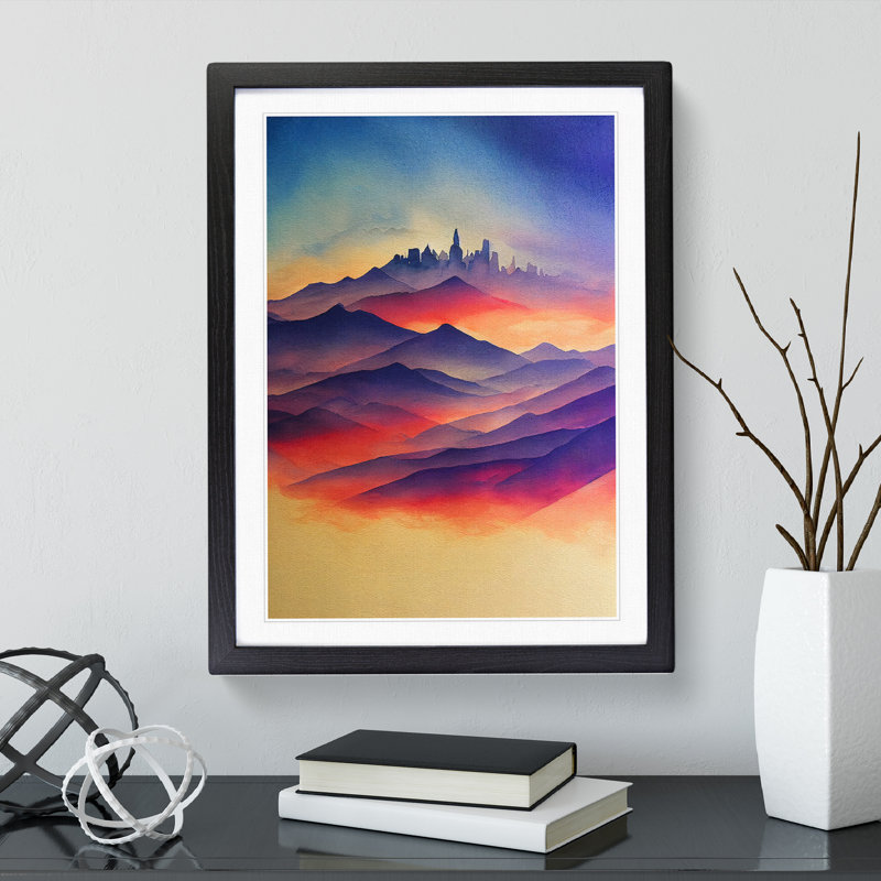 Watercoloured Mountain Landscape No.4 - Framed Print, 34cm H x 25cm W x 2cm D, Black Framed