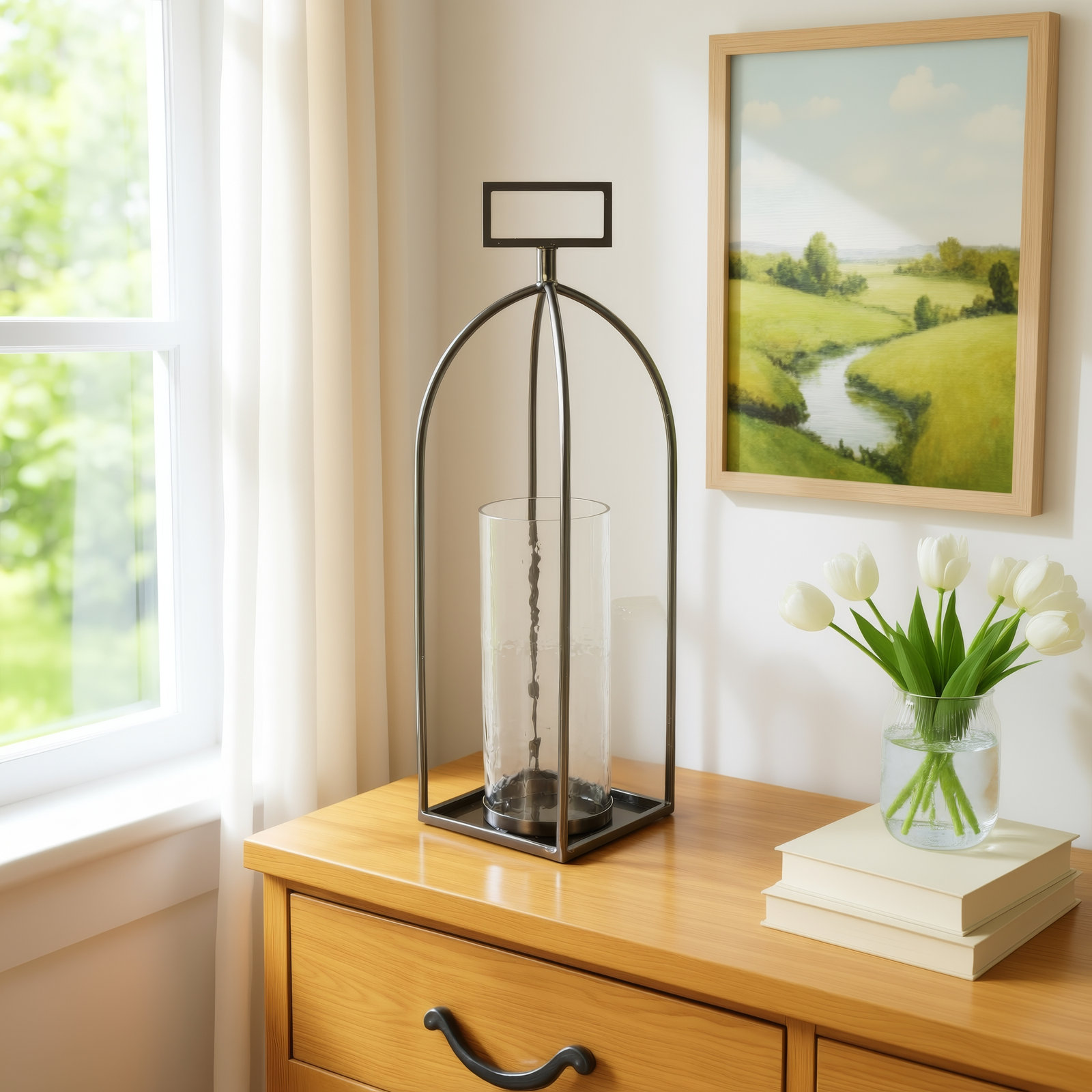 Cole And Grey Metal Open Frame Candle Lantern With Rectangle Handles, 20.2" H x 6" W x 5.95" D