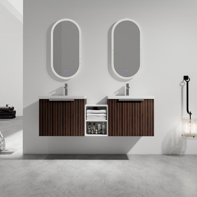Ensemble de meuble-lavabo flottant à double porte 60 po avec lavabo en résine blanche