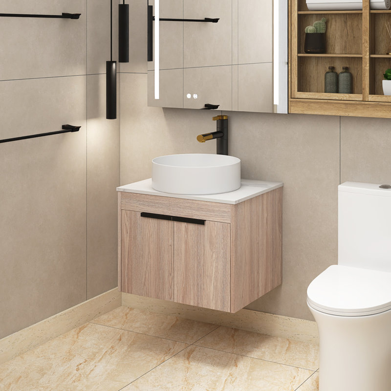 Meuble-lavabo simple 24 po avec lavabo en céramique et plateau en pierre blanche Leilena