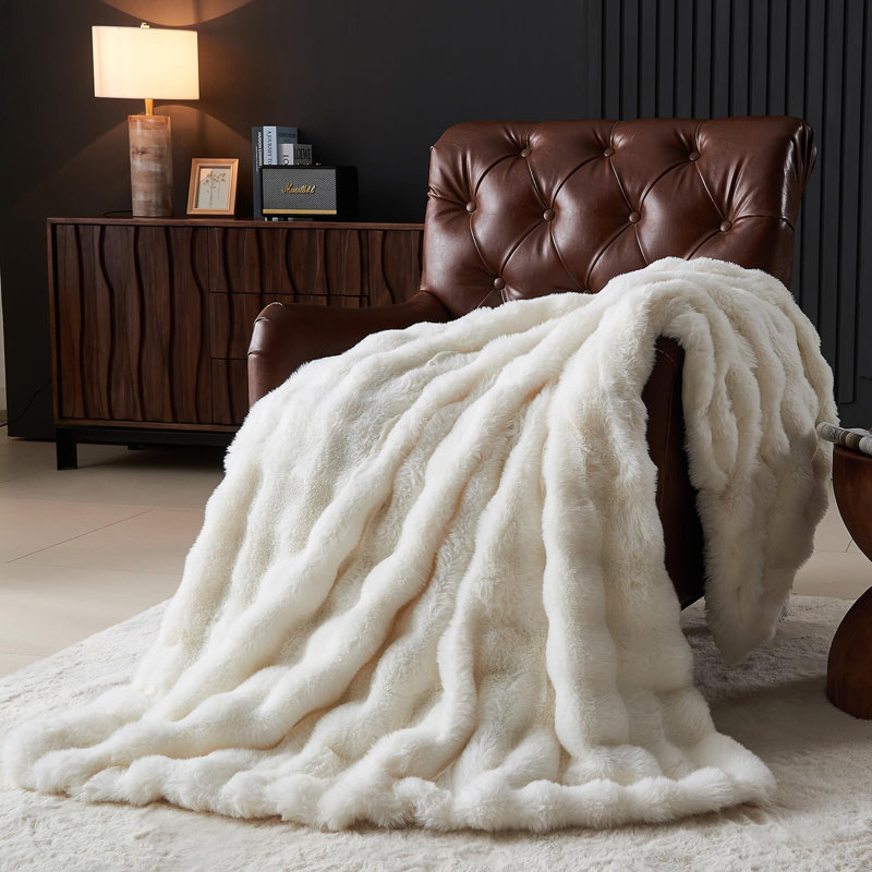 Throw Blanket For Couch Super Soft Cozy Bubble Blankets, Fleece Faux Rabbit Fur Blanket For Bed Sofa, 50" W x 60" L, Beige