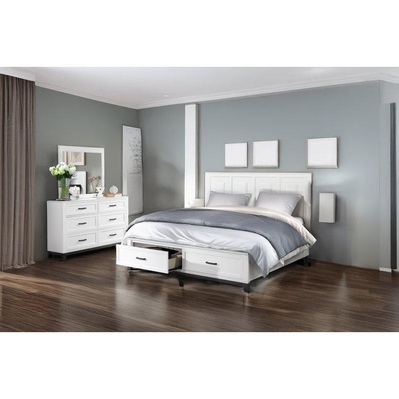 Ensemble de chambre avec lit plateforme et rangement Jaqueline, Grand, Blanc