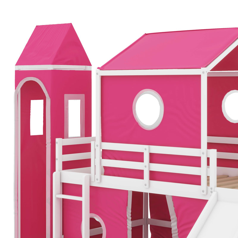 Twin Size Loft Bed With Slide Tent And Tower, Pink