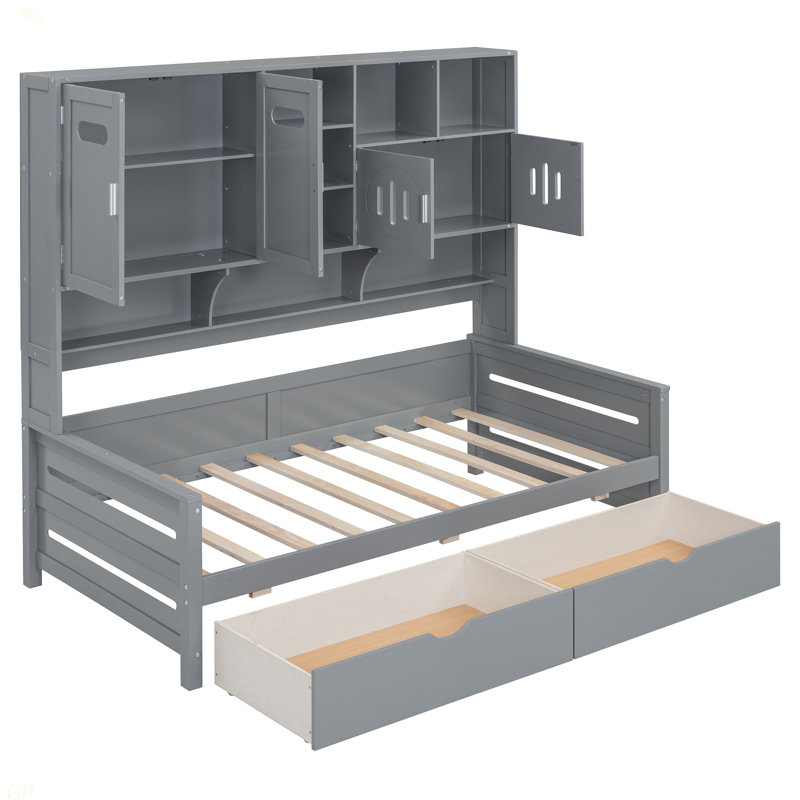 Lit de jour simple en bois avec 2 tiroirs, armoire et tablette tout-en-un, Gris, Lit simple