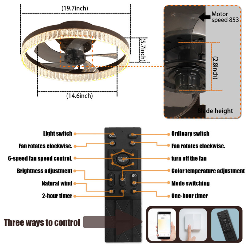 Ventilateur de plafond à DEL à profil bas de 20 po avec lumière, télécommande et contrôle d'application, 6 vitesses, à intensité variable