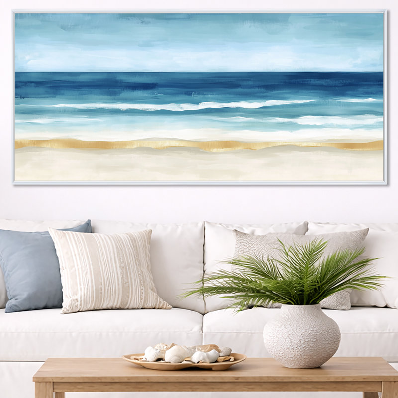 Toile bleu or bleu, art mural vague bleue tropicale, ondulations de plage tropicale bleu or, 28" H x 60" W