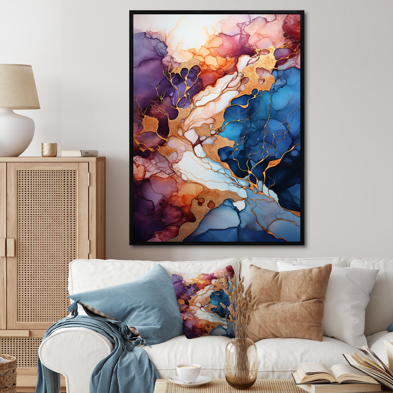 Rose et bleu tourbillonnant fluide, peinture V - art mural abstrait, Cadre flottant noir, 20" H x 12" W